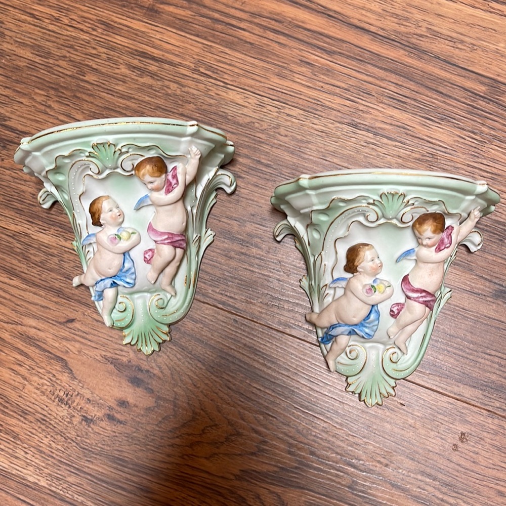 Pair Of Vintage Occupied Japan Bisque Porcelain Cherub Wall Sconces